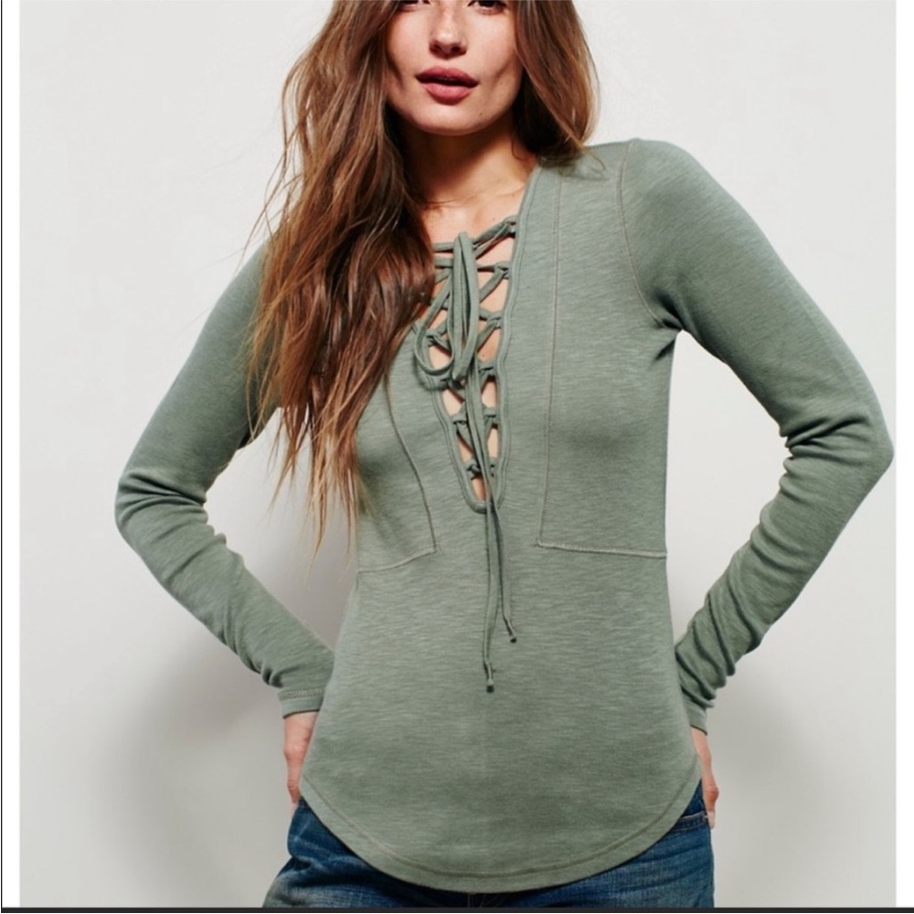 Free People Lucky Lace Up Long Sleeve Top - Size Small